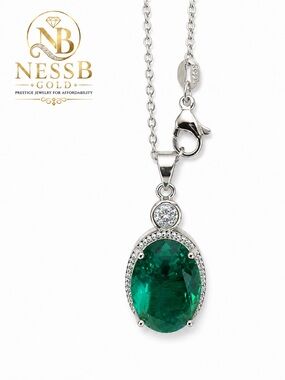 Sterling Silver Emerald Green Oval Pendant Necklace